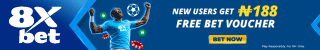 8XBET - New users get N188 free bet voucher